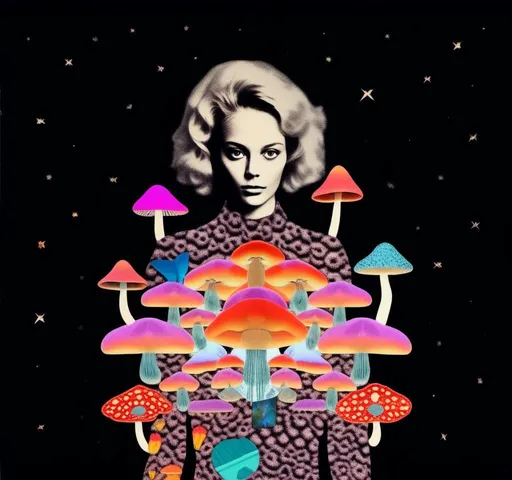 Prompt: a psychedelic collage reminiscent of 70s psychedelic sci fi collage artwork celebrating a girl on mushrooms. It is to feature a photograph of a woman with blond curly hair that is edited by splicing it with other images from photographs, magazines, newspapers, illustrations/paintings to create the impression she is high on magic mushrooms. The work will include such elements as a psychedelic 3rd eye open, stars and planets, trippy optical illusions and patterns, psilocybin cubensis mushrooms, fractals, UFOs, aliens, geometric shapes, auras, rainbow spectrums, sacred geometry, trippy drippy stuff, psychedelic hallucinations, open eyes, landscapes of astral worlds<mymodel>