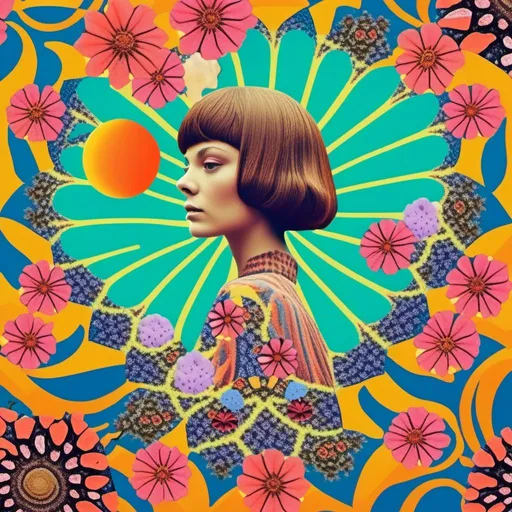 Prompt: A psychedelic collage evoking a vintage 70s sci fi feel but I stead of the sci-fi theme let’s do wildflowers. Photos and art of wildflowers spliced with things like psychedelic patterns/optical illusions, landscapes, geometry, mushrooms/fungus, insects, the sun & moon, etc. Employ a pretty floral color pallet but keep that surreal feel in this natural organic psychedelic collage<mymodel> 