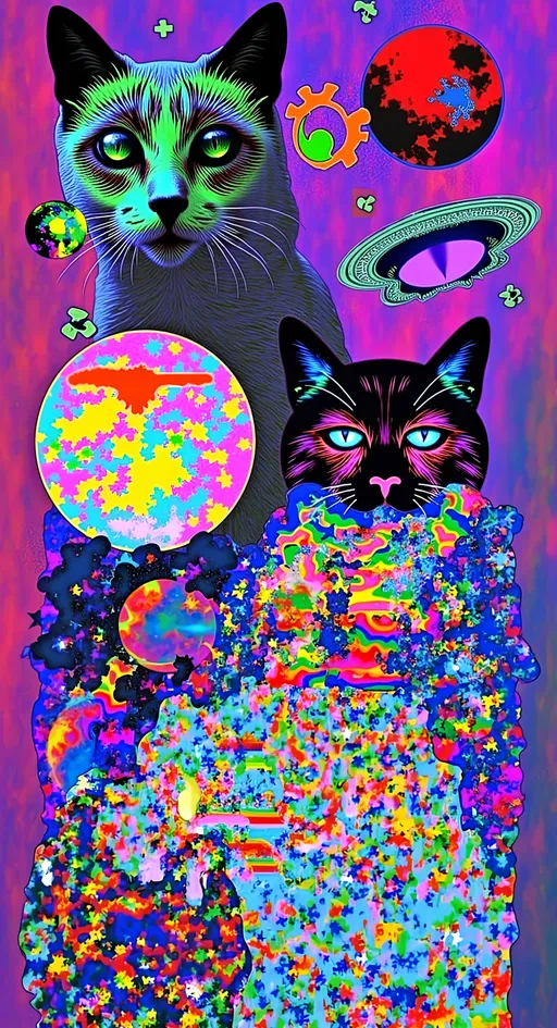 Prompt: a psychedelic collage with a vintage 70s sci-fi animation feel to it except the subject matter will be CATS IN SPACE! The collage will have elements of photography, illustration, trippy patterns and optical illusions, alien landscapes, strange trippy planets, UFOs,, meteors, all cut and spliced together in a psychedelic collage style <mymodel>