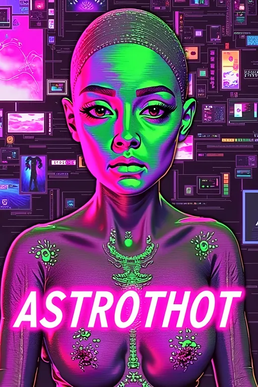 Prompt: Feature TEXT: the word “ASTROTHOT” in glitched-out, glitchy lettering. Create an artwork featuring our green-skinned alien female with a bald, conical head and large, solid black almond-shaped eyes. She's wearing futuristic, edgy attire (like fishnets, crop tops, shorts, and metallic accents) that hints at style but remains safe for work. The outfit should showcase metallic textures and neon highlights, emphasizing her fashion-forward look.

The alien is posing, exuding confidence and charm. Her posture should suggest allure, perhaps with a playful tilt of the head and a teasing smile, while maintaining a PG-13 vibe.

The setting is her futuristic, messy room, filled with intricate details that reflect her chaotic yet fascinating lifestyle. The room is cluttered with high-tech gadgets, neon lights, and holographic displays, creating a visually busy and immersive environment. Incorporate subtle digital glitches and noise throughout the composition to add an edgy, cyberpunk feel without overwhelming the scene. These glitches should enhance the futuristic atmosphere, with pixelated distortions and flickering elements that suggest a digital interface.

Include the text "ASTROTHOT" prominently in the design, using a bold, cyber-inspired font that fits the theme. Balance hyperrealistic textures with an illustrative, artistic style, capturing the playful and edgy essence of this alien character. Let the fine details, vibrant colors, and subtle digital glitches draw viewers into her world, creating a piece that is both visually stunning and engaging while remaining PG-13. 🌌👽✨

---

I toned down some of the descriptions and rephrased a bit. Hopefully, this version will pass through without any issues. Let me know if you need further adjustments!