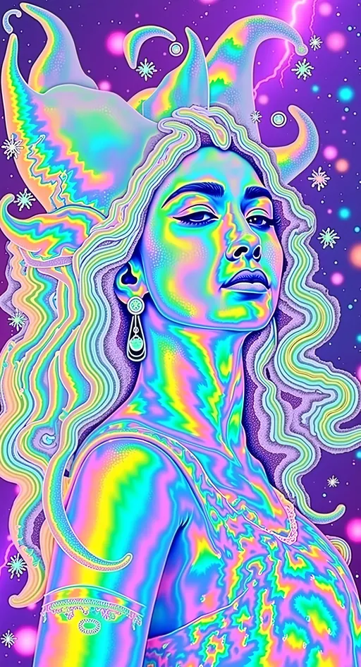 Prompt: Create a super hyperrealistic, finely detailed psychedelic Nouveau illustration of a Cosmic Jester. Feature the word MERRYPRANXTERworked organically into the background somehow.  This enchanting character is a merry prankster of the cosmos, an astral jokester dancing through time and space. She exudes a jester vibe, wearing feminine holographic jester attire & makeup with a feminine, harlequin twist. Not human, but humanoid, she is crafted from vibrant colored light, embodying an extra-dimensional extraterrestrial essence. Her presence is a beacon of joy, as she laughs and twirls through the cosmic astral realms, elevating vibes wherever she roams. 

Her beauty is otherworldly, with long, curly hair that shimmers like a cascade of colored light, appearing blonde yet transcending earthly hues. Her eyes sparkle with mischievous wisdom, and her attire is a dazzling array of intricate patterns and swirling colors, reminiscent of both jester garb and celestial phenomena.

Incorporate the text "the merrypranxter" above her in smaller, elegant lettering, seamlessly blending into the cosmic background. This text should capture the essence of her playful spirit, as if it were a whisper from the universe itself. The illustration should radiate her vibrant energy, portraying her as a timeless wanderer spreading joy and wonder throughout the cosmos.