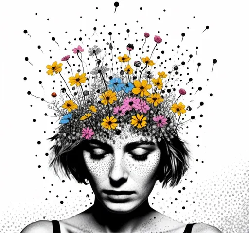 Prompt: <mymodel>Girl sprouting wildflowers in summer rain, mixed multimedia medium, black and white, halftone photo, detailed wildflowers, paint, enamel, glitter, sparkles, foils, magazine pages, cut/folded paper, rhinestones, thread, high quality, detailed, mixed media, black and white, halftone, summer rain, vibrant wildflowers, artistic, creative, intricate details, serene atmosphere, professional lighting, captivating composition