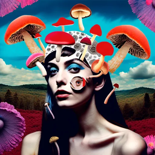 Prompt: <mymodel>Mixed media collage of a beautiful woman, mushroom headpiece, surreal atmosphere, vibrant colors, high quality, mixed media collage, surreal, vibrant colors, detailed facial features, ethereal lighting