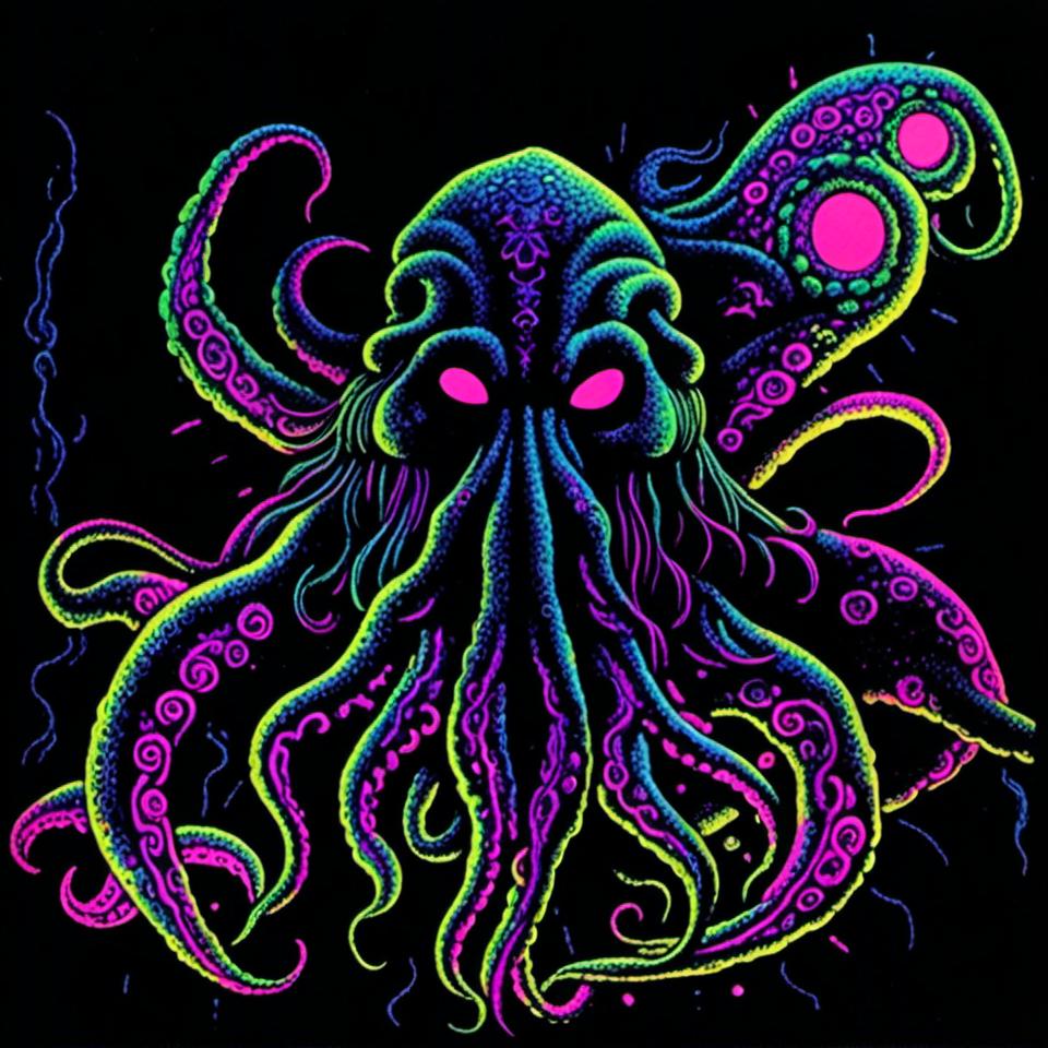 Prompt: <mymodel>Vintage 70s black light poster of Cthulhu in photorealism, Cthulhu at R'lyeh, tribal primal style, realistic tentacles, Lovecraftian horror, eerie atmosphere, intricate details, photorealistic cosmic background, high quality, detailed texture, black light art, vintage, 70s, Cthulhu, R'lyeh, tribal, primal, photorealism, Lovecraftian, eerie atmosphere, detailed, cosmic, realistic, eldritch, noneuclidean geometry, idol
