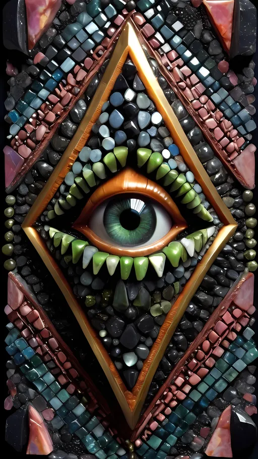 Prompt: Create an extremely hyper-realistic, ultra super textural, weird, trippy, surreal, psychedelic eyes/teeth/mouth pattern/design based on the “Merkaba” & “op art tiling” with lots of human eyes (crazy colorful compound psychedelic), rows of human teeth, human lips, and tongues. 

- **Colors**: determined by the natural properties and expressions of the elements (& their isotopes), raw rough minerals, and metals:
- Molybdenum (Mo)
- brass
- Rhodonite
-sulfur
- Wulfenite
-“Cobaltoan Calcite“
- Tsavorite
- peridot
- “Black Kyanite“
- Hematite

**Shapes and forms**
- main form: “ Merkaba(s)”
-other shapes determined by the natural properties and expressions of the elements (& their isotopes), raw rough minerals, metals, and biological organisms: 
- Molybdenum (Mo)
- brass
- Rhodonite
-sulfur
- Wulfenite
-“Cobaltoan Calcite“
- Tsavorite
- peridot
- “Black Kyanite“
- Hematite

- **Textures**: Derived from any/all elements (& their isotopes), minerals, metals, crystals, organic things mentioned in this prompt: 
- “Merkaba(s)”
- Molybdenum (Mo)
- brass
- Rhodonite
-sulfur
- Wulfenite
-“Cobaltoan Calcite“
- Tsavorite
- peridot
- “Black Kyanite“
- Hematite

**Composition and Layout**:
- a pattern/design based on “Merkaba(s)”
- 3 dimensional


**Lighting**
- lots and lots of bright shining reflective light
- iridescence


**Detail and Atmosphere**:
- Extreme hyperrealistic sharp high detail high definition organic and mineral textures
- Psychedelic, weird, odd, surreal atmosphere
- Frozen in time

**Additional Elements**:
- extra rows of teeth, lips, many eyes, “Merkaba(s)”, Aventurescence, Chatoyancy
