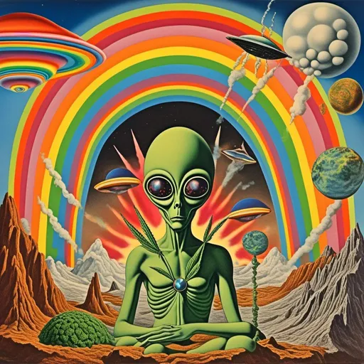 Prompt: A surreal vintage 70s psychedelic sci-fi collage involving- aliens, UFOs, cannabis, marijuana, aliens smoking reefer, aliens smoking weed out of a bong, spliced in with alien surreal landscapes, geometric shapes, optical illusions or trippy psychedelic patterns, planets and starts, rainbow spectrums<mymodel>