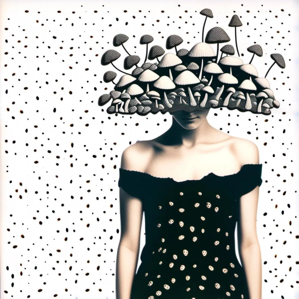 Prompt: a mixed media collage of a girl wearing or growing mushrooms/fungus as clothing body parts and accessories. She is a black and white or halftone photograph, the mushrooms and fungal growths are to be mixed media, including but not limited to paint, enamel, foils, glitter, sparkle, sequins, found objects, natural items, rhinestones etc <mymodel>