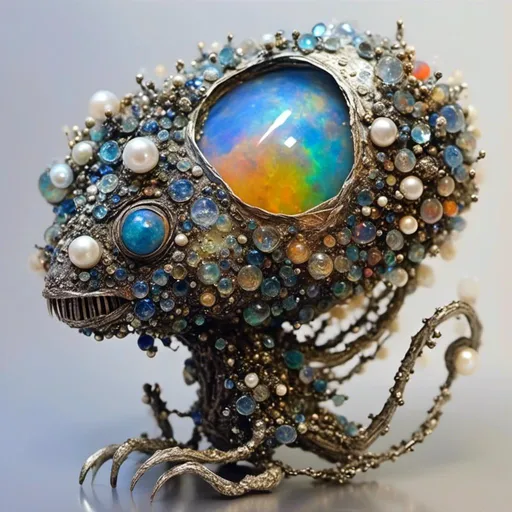 Prompt: <mymodel> a life-infused, living breathing opal, pearl, kyanite, pyrite & silver monster/creature/entity with head/face/body/limbs etc, eyes, mouth, extreme organic & mineral textures