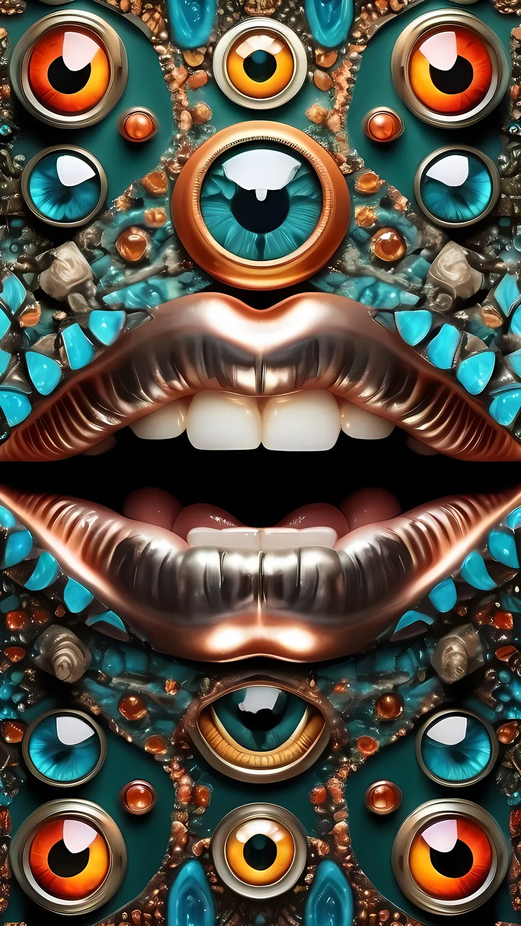 Prompt: Create an extremely hyper-realistic, ultra super textural, weird, trippy, surreal, psychedelic pattern/design based on arabesque tiling, with lots of human eyes (crazy colorful compound psychedelic), rows of human teeth, human lips, and tongues. Include mineral crystal accents.

- **Colors**: Inspired by the elements, minerals, and metals: peridot, emerald, pyrite, copper.
- **Textures**: Derived from organic elements, minerals, and metals like diatoms, mold, fungus, crystals

**Composition and Layout**:
- Spherical layout/composition
- Arabesque tiling
- hyperbolic forms and structures
-zoomed out creating a surreal pattern/design using arabesque tiling

**Lighting**:
- Lots of bright light

**Detail and Atmosphere**:
- Extreme hyperrealistic sharp high detail high definition organic and mineral textures
- Psychedelic, weird, odd, surreal atmosphere
- Frozen in time

**Additional Elements**:
- Diatoms, extra rows of teeth, lips, many eyes,fungus

Capture this scene using a Leica Summilux-M 35mm t/1.4 ASPH film for a hyper-realistic effect.