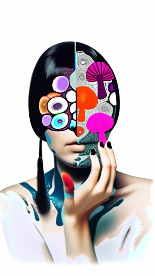 Prompt: A mixed media collage of a black and white photograph of a young woman growing all kinds of colorful multimedia psychedelic mushrooms and fungus out of her body (incorporate things like- but are not limited to - vibrant paints, enamels, glitters, metallic foils, newspaper and magazine cut paper, paint spatter, etc)<mymodel>