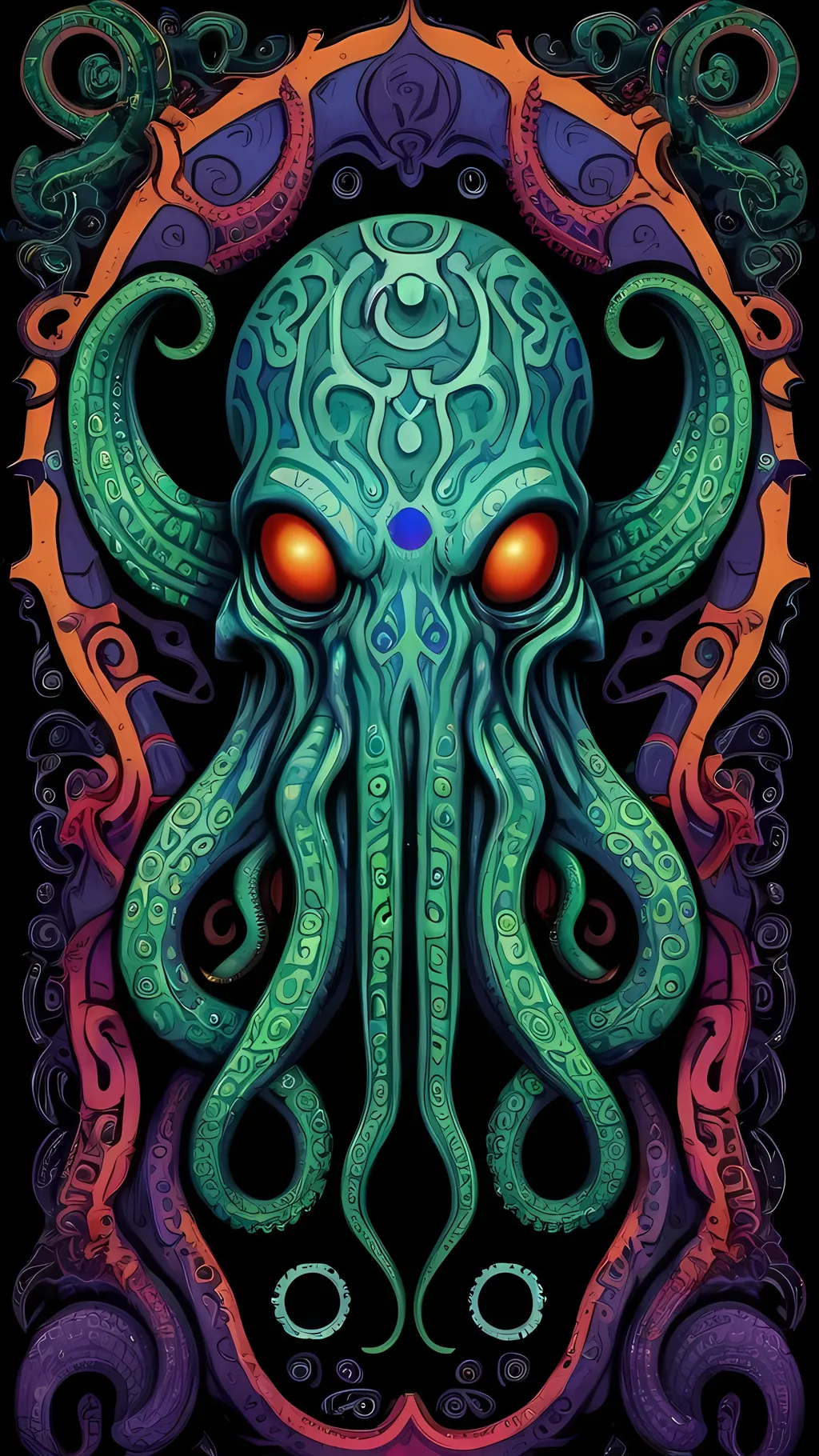 Prompt: a psychedelic tribal primal style Cthulhu, tribal patterns, effigy, eldritch, lovecraftian, elder god, tentacles, cthulhu ftaghn, nonEuclidean geometries, rhlyeh, miskatonic