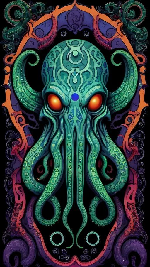 Prompt: a psychedelic tribal primal style Cthulhu, tribal patterns, effigy, eldritch, lovecraftian, elder god, tentacles, cthulhu ftaghn, nonEuclidean geometries, rhlyeh, miskatonic