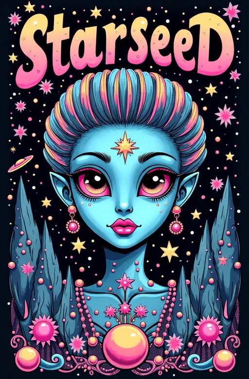 Prompt: Text - STARSEED - in a cursive hand drawn decorative art nouveau organic script style- Design 3 color a pop art nouveau t-shirt featuring a Lisa Frank-inspired 80s glam futuristic alien woman, limited to four vibrant colors. The central figure should be an alien woman with a classic 'gray' alien appearance—big pointed head and large almond-shaped solid colored dark shining eyes—styled with glamorous 80s fashion elements. Use bright, bold colors typical of Lisa Frank, incorporating metallic and neon hues to emphasize the futuristic theme. Surround her with whimsical elements like stars, planets, galaxies, and UFOs, all infused with a pop art nouveau flair. Add details such as sparkling jewelry, bold makeup, and flowing hair, reminiscent of 80s glam. The design should be eye-catching and energetic, blending the playful essence of Lisa Frank with the elegance of art nouveau, perfect for a standout t-shirt.