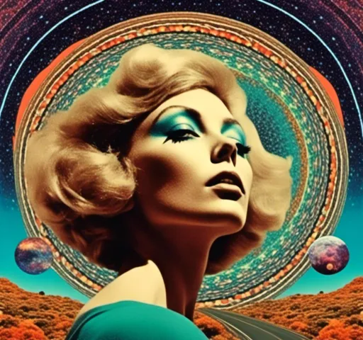 Prompt: <mymodel>Psychedelic trippy collage with a surreal vintage 70s sci-fi feel, vibrant colors, retro futuristic elements, surreal landscapes, detailed psychedelic patterns, high quality, vintage sci-fi, mixed with photograph of a woman with blond curly hair, geometric shape and optical illusions, vibrant colors, surreal, detailed patterns, trippy, collage, 70s, retro futuristic, eyes, surreal landscapes, detailed, atmospheric lighting