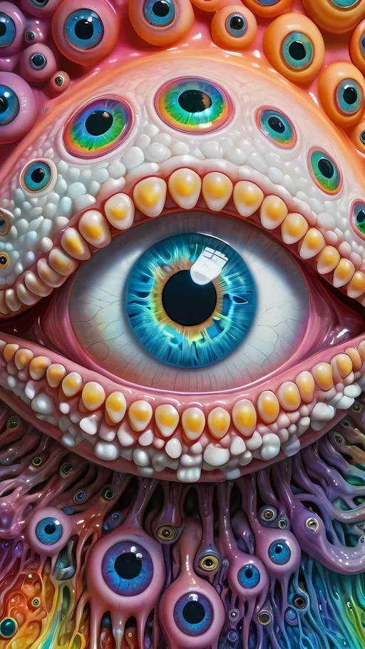 Prompt: an extremely hyper realistic ultra super textural weird trippy surreal psychedelic entity, Nephroid Curves, white, translucent, clear, bright bright pastel colors, oil slick rainbow sheen effect, lots and lots of light, lots of crazy colorful compound psychedelic human eyes, rows of human teeth, fungus, atoms, diatoms, Nephroid Curves