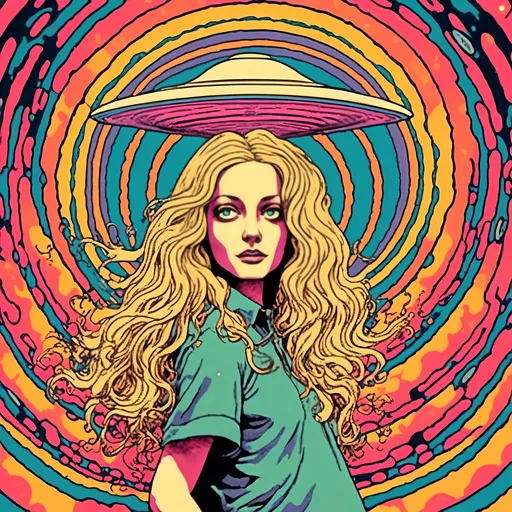 Prompt: <mymodel>Psychedelic poster art illustration of a girl with long blond curly hair getting beamed up into a flying saucer UFO, vibrant and surreal colors, trippy visual effects, detailed facial features with wide eyes and flowing hair, surreal abduction scene, high quality, vibrant colors, surreal, psychedelic, detailed facial features, poster art style, trippy visual effects, surreal abduction, vibrant and surreal colors, flowing hair, wide-eyed gaze, professional, atmospheric lighting