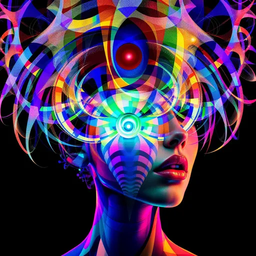 Prompt: A hyper-stylized female face built from recursive fractal structures, suspended in a dual lattice: the Fractal Memory Field interwoven with the Chromaflux Constraint Net. Facial features dissolve into layered spirals and mirrored topologies, while color flows act as binding agents — luminous tendrils of saturated light tracing mathematical constraints. Every recursion echoes not just shape but chroma: spectral feedback loops, iridescent light pulses, and glowing constraint patterns ripple outward. The grid warps with color pressure — forming aurora veils, color-braids, and radiant logic curves. Maximalist, ultra-bright, psychedelic geometry, rich with mathematical tension and color intelligence.”
