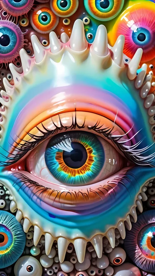 Prompt: an extremely hyper realistic ultra super textural weird trippy surreal psychedelic entity, white, translucent, clear, bright bright pastel colors, oil slick rainbow sheen effect, lots and lots of light, lots of crazy colorful compound psychedelic human eyes, rows of human teeth, fungus, atoms, diatoms, 