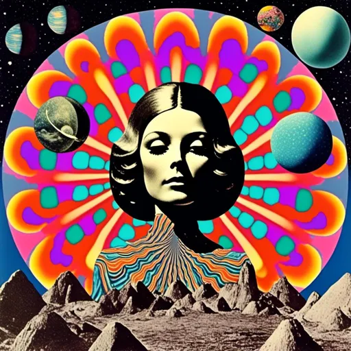 Prompt: A vintage 70s psychedelic collage with the theme “astral vacation”- incorporate themes of astral projection, the astral plane, the silver cord, use an astral brilliantly but sometimes muted opalescent color palette, & combine it all with planets, orbs, optical illusions and psychedelic trippy patterns, color spectrums as a surreal vintage psychedelic collage<mymodel>