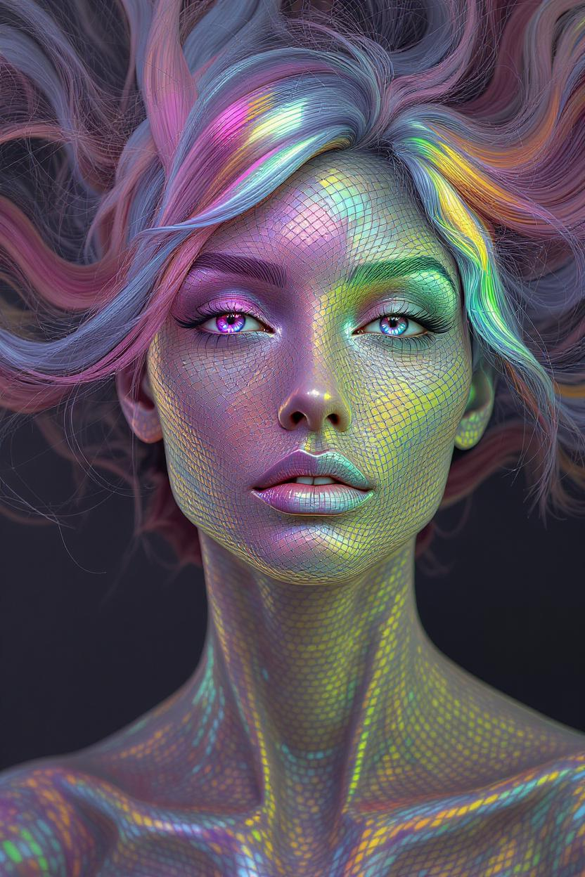 Prompt: Her face is a hypersurface of constant topological type within a foliated 4-manifold. Each feature a leaf in the foliation \mathcal{F}, the structure defined by differential forms on TM. Her expression arises from holonomy flows—eyes trace monodromy paths between sheets of geometry. The rainbow glimmer of her skin is not pigment, but leafwise spectral curvature, light diffracted along tangent bundles. Her hair emanates from quaternion foliation vector fields, warping across normal bundle directions. She is the lamination of form—face distributed across layered worlds.

Tags: #FoliationFace #4ManifoldLayers #LeafwiseLight #QuaternionFieldFlow #RainbowGeometry
