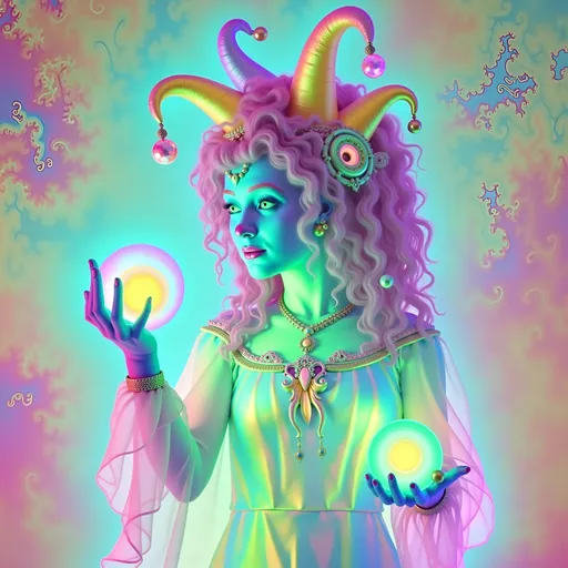 Prompt: A super hyperrealistic yet also illustrative and creative female cosmic jester, made entirely of swirling pure colored light, with long wild curly hair that appears pink but is a dazzling spectrum of hues shimmering beneath the surface. She is adorned in beautiful avant-garde "astral" jester's attire, complete with intricate clown makeup that glimmers like stardust and a definitive jester's hat adorned with miniature galaxies that orbit its tips. Her ensemble includes exquisite accoutrements—ornate cosmic bangles that hum with the resonance of distant quasars and an ethereal cape that flows like liquid auroras. She sparkles, shines, and dazzles in a mesmerizing swirl of ever-changing colors, embodying the essence of cosmic whimsy and wonder. Perched atop an enormous, spinning Möbius strip made of liquid starlight, she juggles glowing quantum orbs that flicker between states of existence, each orb containing a miniature universe that pulses with fractal patterns. The background is a psychedelic tapestry of hyperdimensional geometry, where constellations rearrange themselves into impossible shapes, and stars pulse to the rhythm of an unheard cosmic melody. Fractal tessellations resembling Escher-like infinity loops cascade through the scene, while quantum entanglement trails connect her juggling orbs in a dance of light. Möbius transformations ripple through the liquid starlight, creating endless loops of brilliance, as pulsating nebulas, astral winds swirling with cosmic dust, and shimmering auroras flow like liquid silk across the infinite expanse.