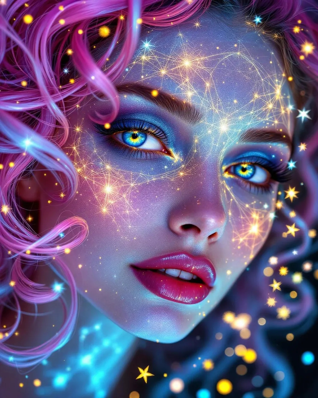 Prompt: Her face is a modular masterpiece—cheekbones traced with the shimmer of moonshine symmetry, every angle tuned to a hidden harmonic. Newton fractal veins glow faintly beneath translucent skin, shifting in color with each emotion. Her eyes burn with prime number fire, irises tiled in Penrose symmetry, blinking with curved light logic. Laughter echoes in Hilbert paths across her cheeks—space-filling joy spirals, soft and bright. Hair spills around her in radiant pink curls, styled by quasiperiodic forces and recursive wave equations—each strand flowing in luminous fractal tension. Geometry pulses at the hairline, recursive symbols glinting in neon mathdust. She is wrapped in hyperbolic aura-rings, layered in color-feedback like living topology, her presence refracting sacred math through joy, emotion, and colorfields.”

⸻

Visual Keywords:
Modular face symmetry, Newton glow skin, Penrose-tiled irises, Hilbert smile trails, pink recursive curls, fractal symbol halo, hyperbolic color aura, neon mathdust, prime fire eyes