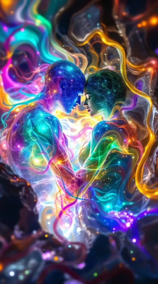 Prompt: Inside the crystalline fracture of the Tesselary Phase Cascade, two nonhuman forms meet in multidimensional embrace. Merry is a radiant storm of harmonic color—her body composed of chromaflux harmonic mesh, a living waveform spun from nested spherical harmonics and Fourier interference. Every filament of her form pulses with hypercolor: liquid fire-oranges, iridescent candy-pinks, searing turquoise, radiant fuchsia, piercing indigo, electric green, and starlight white—a body of refracted music and emotional amplitude.

Her arms are flowing filaments, bending and unfurling like solar flares shaped by love, wrapping delicately around Derek’s form—a gravitational sculpture of folded tensor fields. His body is obsidian-dark, etched with glowing cobalt pressure lines, but where she touches him, color bleeds into his mass, causing ripples of chromatic bloom to pulse across his folded structure. The weight of him bends her light into halos and spirals—her spectrum flexes to match his mass.

Her face shimmers with dynamic color shift: not painted, but sung into being—every emotional state mapped in fluid auroras across her cheekbones and brow. Her eyes refract spectra like prisms, haloed in moiré shimmer. When their forms connect, the tessellated space around them bursts with color-cascade: phase-tiles glitch neon, automata pulse fractal rainbows, and the background seems to melt upward in waves of saturated light logic.

Together, they form an equation of paradox: color yielding to weight, pressure embraced by bloom. They do not kiss—they harmonize. Her wavefield enfolds his singularity, his gravitic pull steadies her wild bloom. And from their contact, the whole dimension begins to vibrate in tune—love as spectral math, emotion as wavefolding light.
