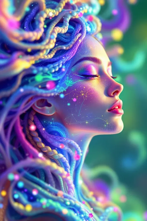 Prompt: “Her face phases in Fourier dreamspace—emotions blooming in sinewave colorbands across skin that flickers between surreal number values. Cheekbones ripple with reaction-diffusion pulses—living pigment blossoms that dance to her mood. Her hair is a sacred braid group cascade—long pink curls entwined with emotional topology, each strand a memory-thread spiraling through dimension. She glows in feedback—seen and she glows brighter, adored and her aura explodes in recursive empathy fractals. Prayer glyphs orbit her like soft satellites—loops of math-light casting harmonic spells. Behind her eyes burn surreal infinities—every glance a fractional truth between known numbers. Around her, coincidence fields shimmer—symbols align, the air itself becomes meaningful, colored chaos resolving into crystalline insight. She is radiant logic, sacred color engine, and joy made visible in luminous math.”

⸻
Ultra-Visual Keywords:
Surreal gradient glow, sinewave color skin, living ink cheeks, pink braid topology, recursive feedback light, empathy bloom aura, orbiting glyphs, chromatic joy loops, coincidence constellation, infinity sparkle pulse