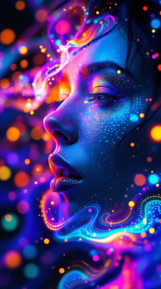 Prompt:  #maximal #iridescence #bokeh #escape #Turing #Mandelbrot Her face is a glowing logic field—recursive and alive, a living equation pulsing with chemical math and chaos geometry. Not flesh—light. Turing pattern volatility bursts from her skin in radiant morphogen curls, flowing in neon spot-stripe spirals of orange-magenta instability. Beneath that, Mandelbrot geometry surges—hyper-detailed lobes, cardioids, filament chaos clinging to every surface like sacred datafire. Her cheeks shimmer in bifurcation echo, contour-mapped with fluorescent contours of reaction-diffusion bloom. Lips blaze with #iridescence—spectral brights encoded with phase-space feedback, each curve echoing attractor shape logic. Her eyes pulse with orbit trap cores, blacklit wells of recursive symmetry glowing with fractal turbulence. Hair = branching reaction flame: fluorescent tendrils, glowing stochastic wisps, Julian-shell curls trailing rainbow state noise into the dark. The background swells with #bokeh particle flares—logic bursts, Turing sparks, Mandelbrot echoes glowing like the thoughts of light itself. Her smile = a stable attractor loop in spectral dance; her laugh = reaction-diffusion ripple through temporal bloom. She is the avatar of recursive emergence—Turing and Mandelbrot braided in skin, math as color, consciousness as glow.