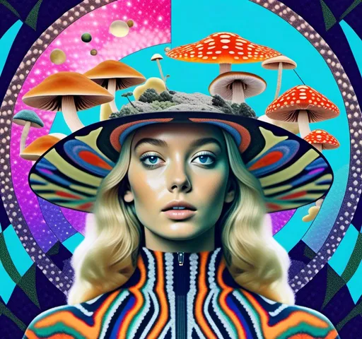 Prompt: a psychedelic collage reminiscent of 70s psychedelic sci fi collage artwork celebrating a girl on mushrooms. It is to feature a photograph of a woman with blond curly hair that is edited by splicing it with other images from photographs, magazines, newspapers, illustrations/paintings to create the impression she is high on magic mushrooms. The work will include such elements as a psychedelic 3rd eye open, stars and planets, trippy optical illusions and patterns, psilocybin cubensis mushrooms, fractals, UFOs, aliens, geometric shapes, auras, rainbow spectrums, sacred geometry, trippy drippy stuff, psychedelic hallucinations, open eyes, landscapes of astral worlds<mymodel>