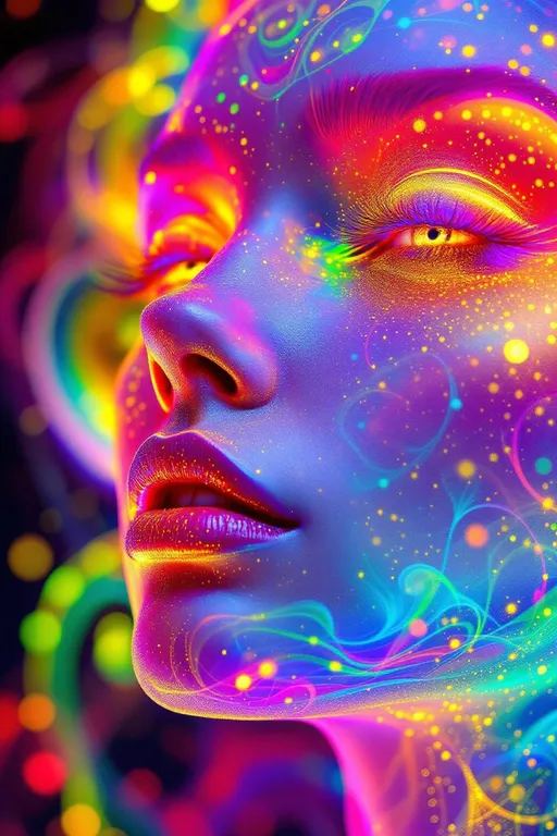 Prompt: A female face made of pure fractal light and color—her form unfolds from infinite recursion, a visage sculpted by distance estimator shells and escape-time gradients, layering glow upon glow in spectral bloom. Her skin is Mobius-mapped, each contour a warped plane of color logic, encoding identity through angular hue shifts.

Rainbow disco pulses across her being, formed of iteration density bokeh and orbit trap halos, where each light speck is a memory encoded in shimmer. Volumetric caustics ripple around her eyes like sacred signal flares—glitches of soul flare from the recursive feedback loop of her gaze.

Noneuclidean contours fold her expressions inward, bending time and angle through complex domain colorings, where hue becomes emotion and brightness speaks thought. Her lips, stitched from iridescent interference fields, shift from gold to amethyst with each spoken paradox—truth oscillates with the viewer’s angle.

Inter-dimensional echoes drift from her fractal core, a multi-layered self of recursive glowfields—a shimmer encoded with emotional memory, reaching out through iteration spirals like synaptic auroras.

Spectral Fourier harmonics now cascade through her glow—bands of micro-glints and diffraction halos beat in chromatic rhythm, producing a polychromatic shimmer lattice across her brow. Every shift in gaze ripples a new wave of frequency-aligned glimmers, like the universe whispering in chorded light.

⸻

Added Layer:
	•	#fourier
	•	Visual Result: spectral diffraction, harmonic glitter
	•	Symbolic Charge: layered memory, harmonic truth, polychromatic sentience