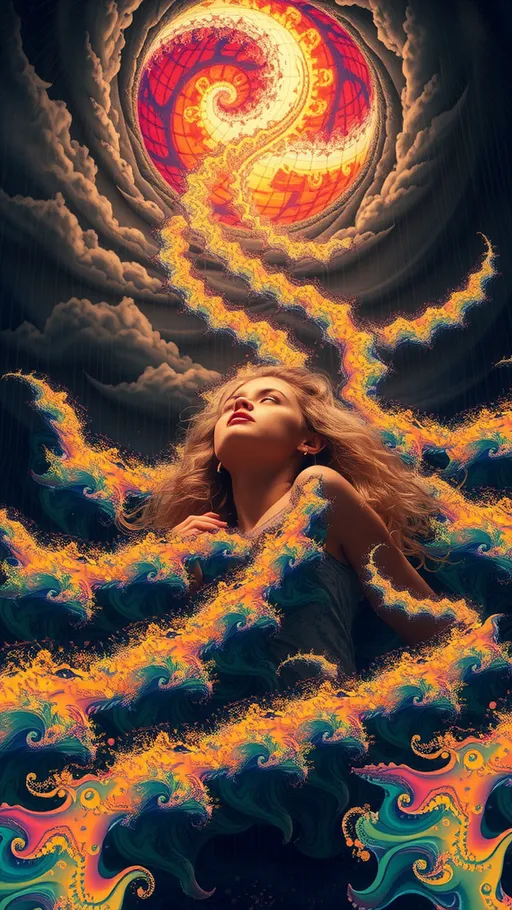 Prompt: A psychedelic ego death experience. A girl with long blond curly hair on psychedelics experiencing “ego death”, hallucinating herself in a fractal “storm”- angry fractals form clouds, wind and rain, whipping, beating the girl mercilessly until she blacks out and finds herself, drowning in an infinite swirling subterranean underground angry chaotic roiling ocean of pure fractals geometry.  melting into and becoming fractals- She melts, and becomes one with the ocean, becoming fractals herself and experiencing being one with everything in the universe, seeing it all from every point of view, before forming into human again over and over. Fractal geometry ocean, waves, currents, riptide, flowing, churning, underground cave, she is lying in bed the whole time 