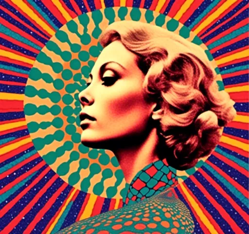 Prompt: <mymodel>Psychedelic trippy collage with a surreal vintage 70s sci-fi feel, vibrant colors, retro futuristic elements, surreal landscapes, detailed psychedelic patterns, high quality, vintage sci-fi, mixed with photograph of a woman with blond curly hair, geometric shape and optical illusions, vibrant colors, surreal, detailed patterns, trippy, collage, 70s, retro futuristic, eyes, surreal landscapes, detailed, atmospheric lighting