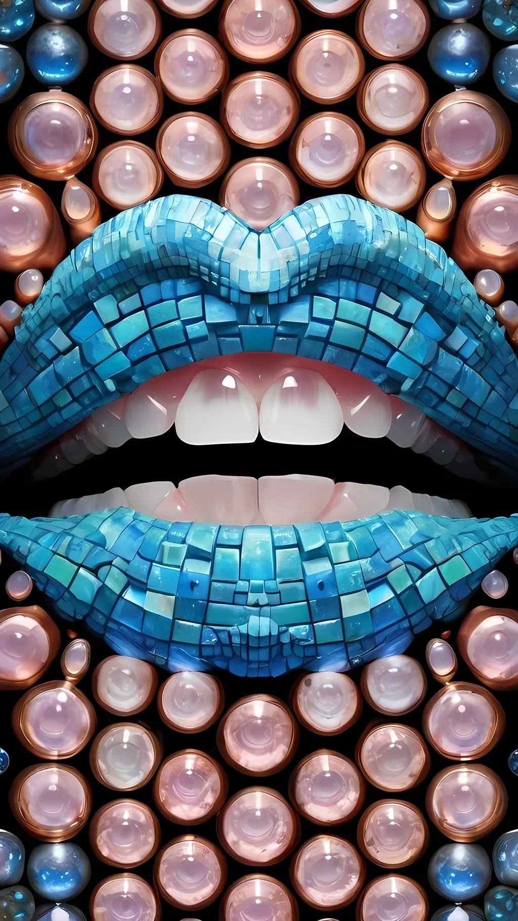 Prompt: Create an extremely hyper-realistic, ultra super textural, weird, trippy, surreal, psychedelic eyes/teeth/mouth pattern/design based on Mandelbrot & “Op Art tiling” with lots of human eyes (crazy colorful compound psychedelic), rows of human teeth, human lips, and tongues. 

- **Colors**: determined by the properties and expressions of the elements (& their isotopes), minerals, and metals: opal, moonstone, Kunzite, selenite, rose quartz, Platinum (Pt)

**Shapes and forms**
- Mandelbrot 
- "Op Art tiling" 
-other shapes determined by the natural properties and expressions of the elements (& their isotopes), minerals, metals, and biological organisms: opal, moonstone, Kunzite, selenite, rose quartz,  Platinum (Pt)


- **Textures**: Derived from any/all elements (& their isotopes), minerals, metals, crystals, organic things mentioned in this prompt: opal, moonstone, Kunzite, selenite, rose quartz, Platinum (Pt)

**Composition and Layout**:
- a pattern/design based on the Op Art tiling & Mandelbrot 

**Lighting**:
- lots of bright light
- Iridescence
- Aventurescence
- Chatoyancy
- Asterism

**Detail and Atmosphere**:
- Extreme hyperrealistic sharp high detail high definition organic and mineral textures
- Psychedelic, weird, odd, surreal atmosphere
- Frozen in time

**Additional Elements**:
- extra rows of teeth, lips, many eyes, Op Art tiling, Mandelbrot, Iridescence
