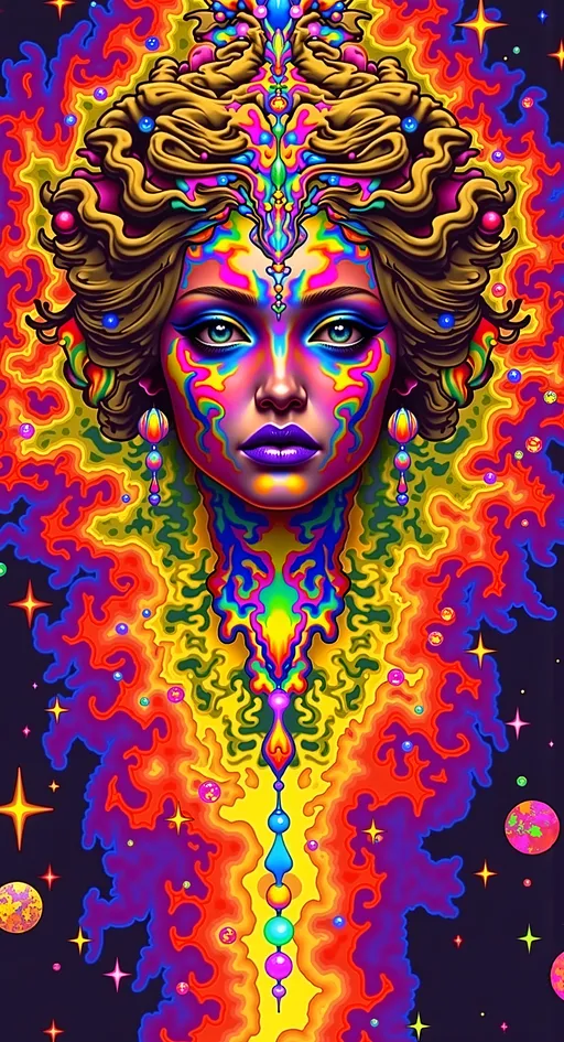 Prompt: Create a super hyperrealistic, finely detailed psychedelic Nouveau illustration of a Cosmic Jester. Feature the word MERRYPRANXTERworked organically into the background somehow.  This enchanting character is a merry prankster of the cosmos, an astral jokester dancing through time and space. She exudes a jester vibe, wearing feminine holographic jester attire & makeup with a feminine, harlequin twist. Not human, but humanoid, she is crafted from vibrant colored light, embodying an extra-dimensional extraterrestrial essence. Her presence is a beacon of joy, as she laughs and twirls through the cosmic astral realms, elevating vibes wherever she roams. 

Her beauty is otherworldly, with long, curly hair that shimmers like a cascade of colored light, appearing blonde yet transcending earthly hues. Her eyes sparkle with mischievous wisdom, and her attire is a dazzling array of intricate patterns and swirling colors, reminiscent of both jester garb and celestial phenomena.

Incorporate the text "the merrypranxter" above her in smaller, elegant lettering, seamlessly blending into the cosmic background. This text should capture the essence of her playful spirit, as if it were a whisper from the universe itself. The illustration should radiate her vibrant energy, portraying her as a timeless wanderer spreading joy and wonder throughout the cosmos.