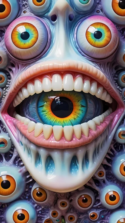 Prompt: an extremely hyper realistic ultra super textural weird trippy surreal psychedelic entity, white, translucent, clear, bright bright pastel colors, oil slick rainbow sheen effect, lots and lots of light, lots of crazy colorful compound psychedelic human eyes, rows of human teeth, fungus, atoms, diatoms, 