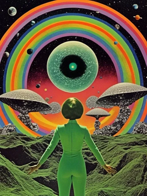 Prompt: <mymodel> Vintage 70s psychedelic surreal sci-fi Collage, analog, cut & paste, outer space, rainbows, spectrum, optical illusions/trippy patterns, surreal alien landscapes, UFOs, « little green men », psilocybin mushrooms, geometric shapes , planets, orbs, black night sky with stars, in the center, cats, 