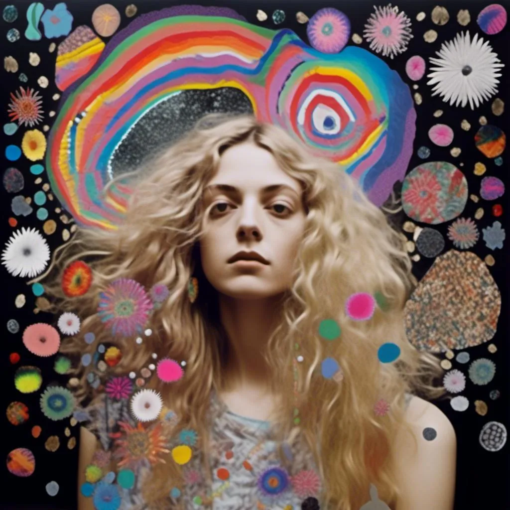 Prompt: <mymodel>Mixed media collage of a woman wing long blond curly hair having a psychedelic experience, herself a photograph, maybe in black and white or halftones, with mixed media hallucinations swirling around her, and mushrooms growing out of her made from paint, foils, glitter, sequins, stones, ripped and folded paper, thread, etc