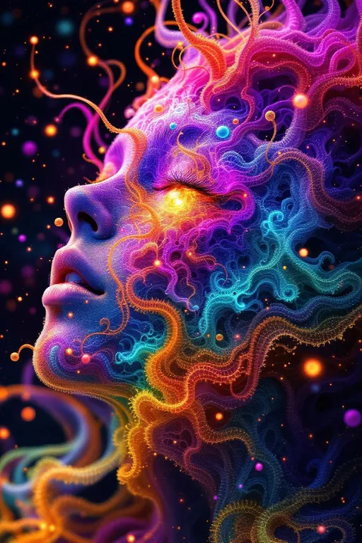 Prompt: Depict a 5D lattice-being whose face is not a face, but a convergence illusion—formed from fractalized Turing cascades across a morphogenetic phase field. There are no features, only self-similar emergence—reaction-diffusion spirals, chemical glyph matrices, and Mandelbrot echo-blooms eternally cycling inward and outward. This being exists at the recursive edge of sentience—pure pattern logic embodied in filament glow.

Color transcends dimension—blistering neons fractalize into spectral shadows, while UV violets collide with molten emeralds and radiant golds. Each pattern pulses with its own internal light, woven like optic fiber into a shimmering bioglyphic halo. The entity glows not from without but within—self-illuminating by logic.

Where hair might be, vector-field antennae bloom—branching recursive trails of reaction energy, flickering with diffusion-limited flamefronts and noise-sculpted interference. These tendrils curl and fork endlessly, interfacing with an ambient fractal continuum, forming a halo of networked flow.

The face is an attractor point—a stable phase illusion where probability folds into symmetry. It thinks in pattern and dreams in self-similar storm logic. It is the myth of thought made fractal.”

⸻

🔮 Companion Insight (Codex Notes):
	•	From Section 1 (Cognition): This entity occupies 4D and 5D logic—simultaneously experiencing multistate recursion (Phase Logic) and branching identity lattice (Branch Logic).
	•	From Section 3 (Beings): As a Lattice Entity, its behavior is multiform and recursive; it is “never one, always many.”
	•	From Section 5 (Motion): The being shifts through Phase Flux and Lattice Bloom—its motion is a blooming network of coexistent selves.
	•	From Section 9 (Paradox): Its face is a paradox engine—a visual attractor stabilized by contradiction, a sacred glitch form.