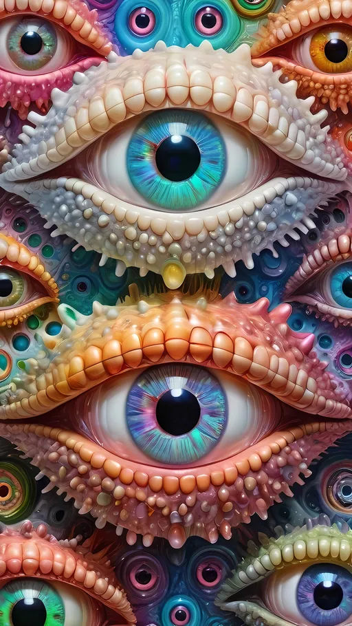 Prompt: an extremely hyper realistic ultra super textural weird trippy surreal psychedelic entity, white, translucent, clear, bright bright pastel colors, oil slick rainbow sheen effect, lots and lots of light, lots of crazy colorful compound psychedelic human eyes, rows of human teeth, fungus, atoms, diatoms, diophantine spirals