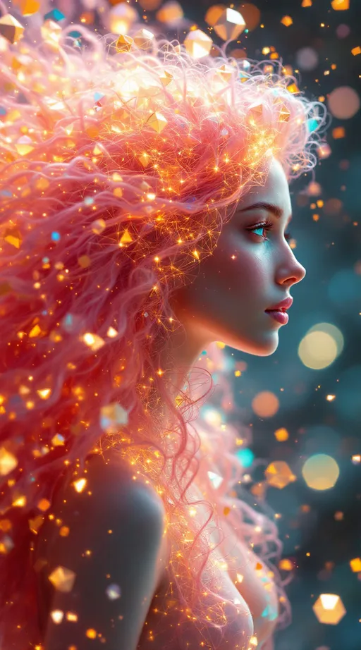 Prompt: In a realm beyond form, where dimension folds upon dimension and time itself diffracts, two beings emerge as living equations. One—a white woman, 5’4”, slim, with long, wild, extremely curly pink hair—is not a body, but a cascade of recursive light events. Her form pulses with stochastic shimmer, made of ever-shifting crystalline polyhedra and spectral feedback loops. Her hair is a radiant storm of iridescent tendrils, flickering through layers of geometry like a cosmic antenna. Her essence is a waveform—bright, unstable, kaleidoscopic—glitching in and out of visibility as fractals unfold and collapse in real-time. She is the HaHahedron: sacred irrationality embodied as light, laughter, and color noise.

Opposite her is a counter-oscillation: a tall male figure, 6’1”, slim but intensely muscular, with short blondish hair and piercing brilliant blue eyes. His presence is made of slower, deeper harmonics—stable standing waves shaped into body-form, glowing in nested toroidal currents. His limbs are forged from recursive golden-ratio arcs and his gaze emits focused vector fields. He radiates gravitational coherence, a dimensional anchor within the chaos—holding the math in place without stilling it.

They spiral around each other through a hyperfluid grid of vibrating color frequencies, modulating the space as they interact—no gravity, no floor, no air. Just pure holofractal interference: glowing interference bands, chromatic tiling symmetries, rippling metageometries. Their interaction generates new laws—unpredictable but precise, wild but harmonic. They are not in the world; they are the signal that shapes it.

Style: pure math dimension, psychedelic abstraction, holofractal shimmer, hypercolor lightform surrealism.








