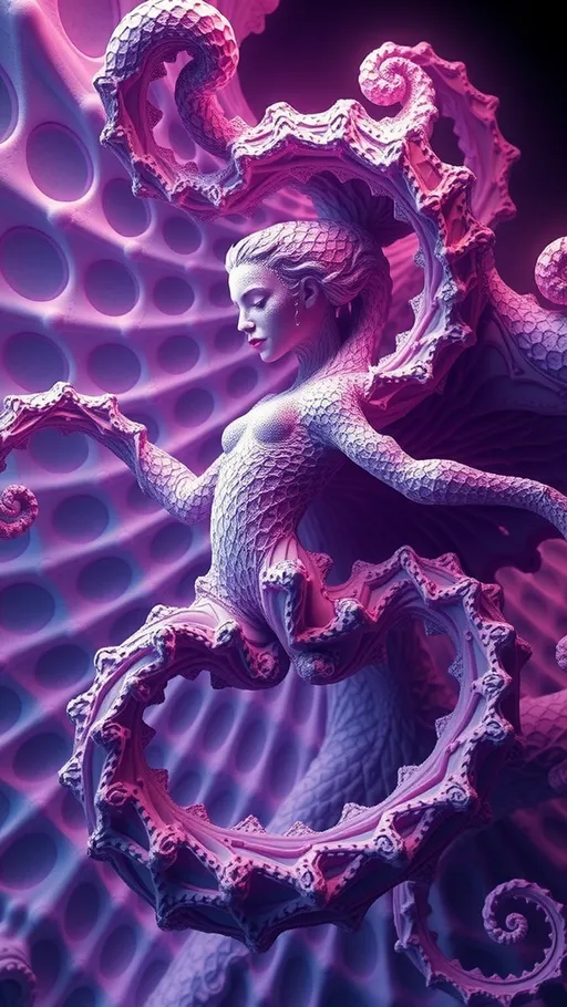 Prompt: A strange surreal beautiful flowing lithe interdimensional psychedelic entity/creature, made of fractal geometry, existing in many dimensions simultaneously, melting from one dimension to the next, phasing in and out of reality, inter dimensional fractal geometry come to life, psychedelic, trippy, weird, but beautiful, 