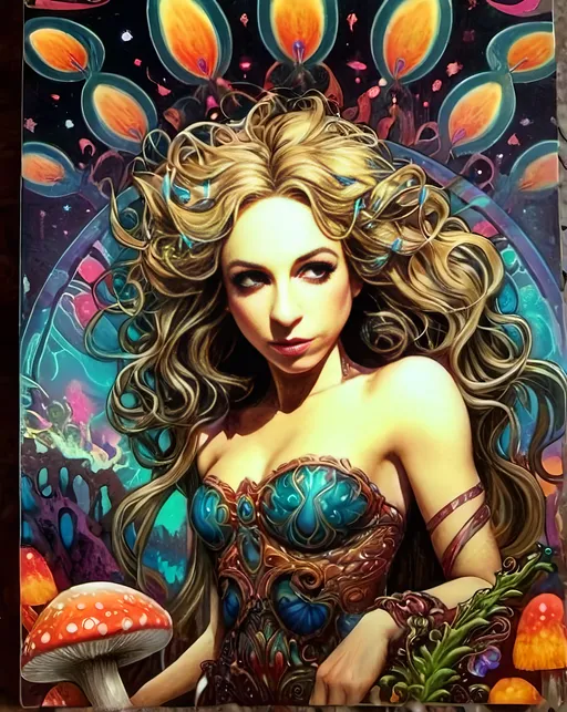 Prompt: 4k, ultra-detailed, psychedelic, trippy, bright colors, vivid, black light poster, girl with longish blond curly hair, psychedelic magic mushrooms, trippy hallucinations, optical illusions, patterns, crystals, moss, forest, moon, geometry fractals, vibrant colors, detailed hair, surreal, vibrant lighting