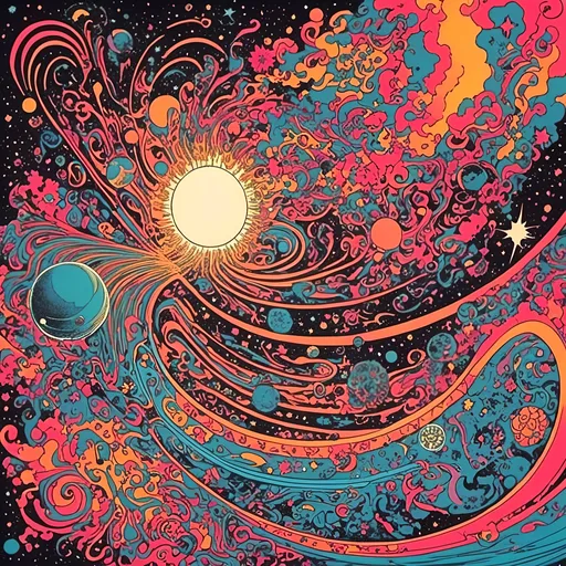 Prompt: <mymodel>Psychedelic illustration of the creation of the universe, stars and planets forming, vibrant colors, swirling nebulas, galaxies coming into existence, high-quality, surreal, cosmic, vibrant colors, swirling patterns, detailed celestial bodies, psychedelic lighting