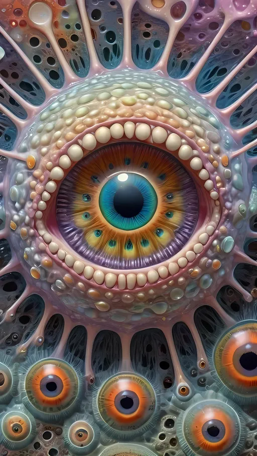 Prompt: an extremely hyper realistic ultra super textural weird trippy surreal psychedelic entity, Kleinian Groups, apollonian gaskets, catenoids, white, translucent, clear, bright bright feminine pastel colors, oil slick rainbow sheen effect, lots and lots of light, lots of crazy colorful compound psychedelic human eyes, rows of human teeth, fungus, radiolarians, foraminifera,  atoms, diatoms, enneper sufaces, apollonian gaskets, Kleinian Groups