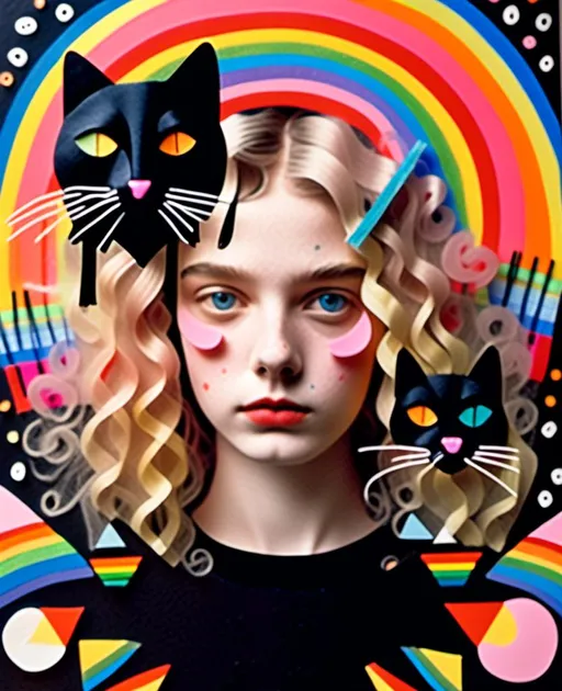 Prompt: <mymodel>Mixed media collage of girl and black cat, long blond very curly hair, solid black cat, mushrooms, rainbows, photographs, magazine paper, thread, cut quilled paper, paint, holographic foil overlay, highres, vibrant, whimsical, mixed media, detailed hair, surreal, colorful, dreamy lighting