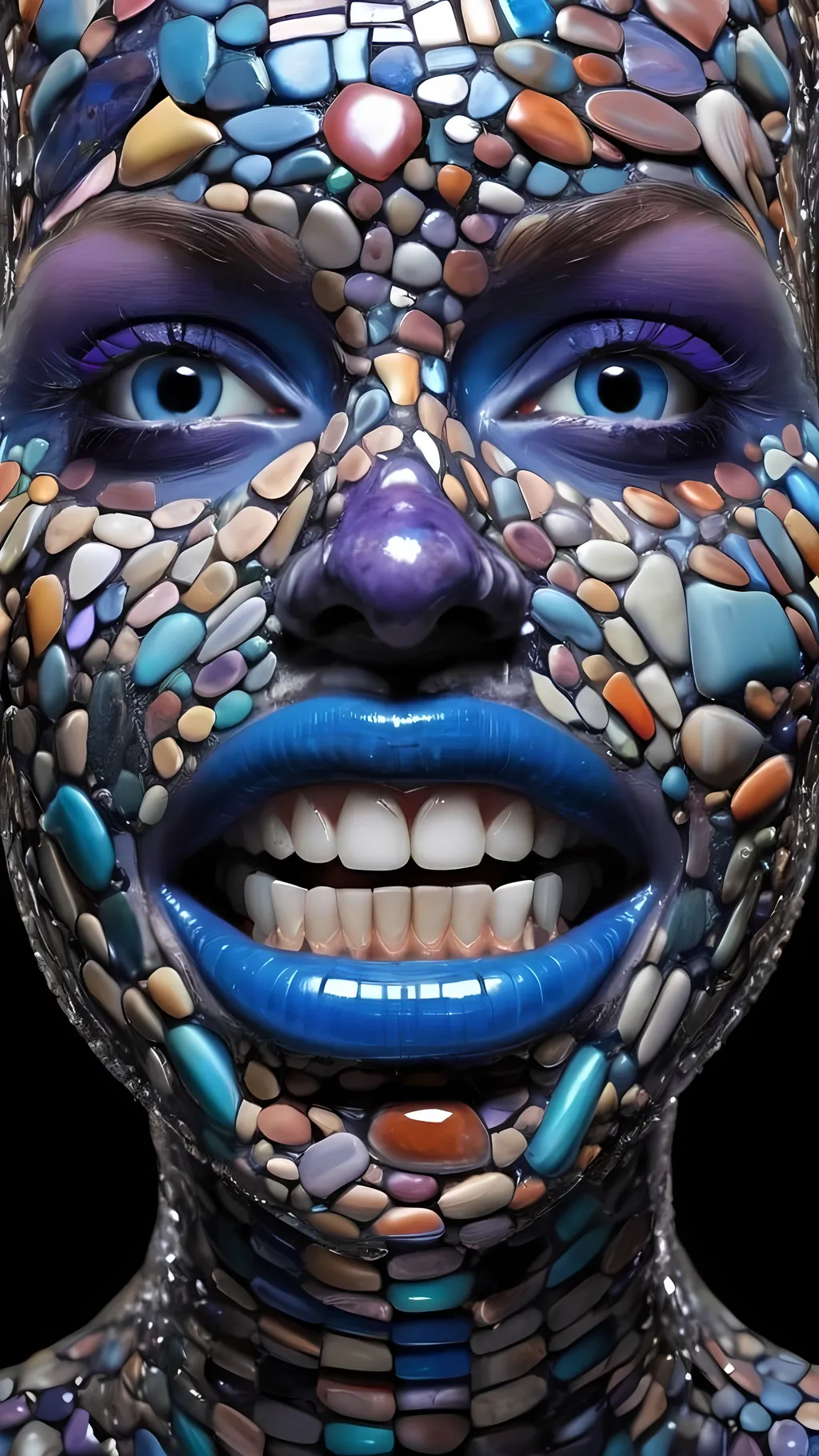 Prompt: Create an extremely hyper-realistic, ultra super textural, weird, trippy, surreal, psychedelic eyes/teeth/mouth pattern/design based on “Hemitrichia serpula” & “op art tiling” with lots of human eyes (crazy colorful compound psychedelic), rows of human teeth, human lips, and tongues. 

- **Colors**: determined by the natural properties and expressions of the elements (& their isotopes), raw rough minerals, and metals: Nickel (Ni), Tanzanite, Feldspar, Pectolite, Lazurite,  Indicolite, “Hemitrichia serpula”

**Shapes and forms**
- “Hemitrichia serpula”
-other shapes determined by the natural properties and expressions of the elements (& their isotopes), raw rough minerals, metals, and biological organisms: diatoms, Nickel (Ni), Tanzanite, Feldspar, Pectolite, Lazurite, Indicolite

- **Textures**: Derived from any/all elements (& their isotopes), minerals, metals, crystals, organic things mentioned in this prompt: “Hemitrichia serpula” Nickel (Ni), Tanzanite, Feldspar, Pectolite, Lazurite, Indicolite

**Composition and Layout**:
- a pattern/design based on the “Hemitrichia serpula”

**Lighting**
- lots and lots of bright shining reflective light


**Detail and Atmosphere**:
- Extreme hyperrealistic sharp high detail high definition organic and mineral textures
- Psychedelic, weird, odd, surreal atmosphere
- Frozen in time

**Additional Elements**:
- extra rows of teeth, lips, many eyes, “Hemitrichia serpula”, Aventurescence, Chatoyancy
