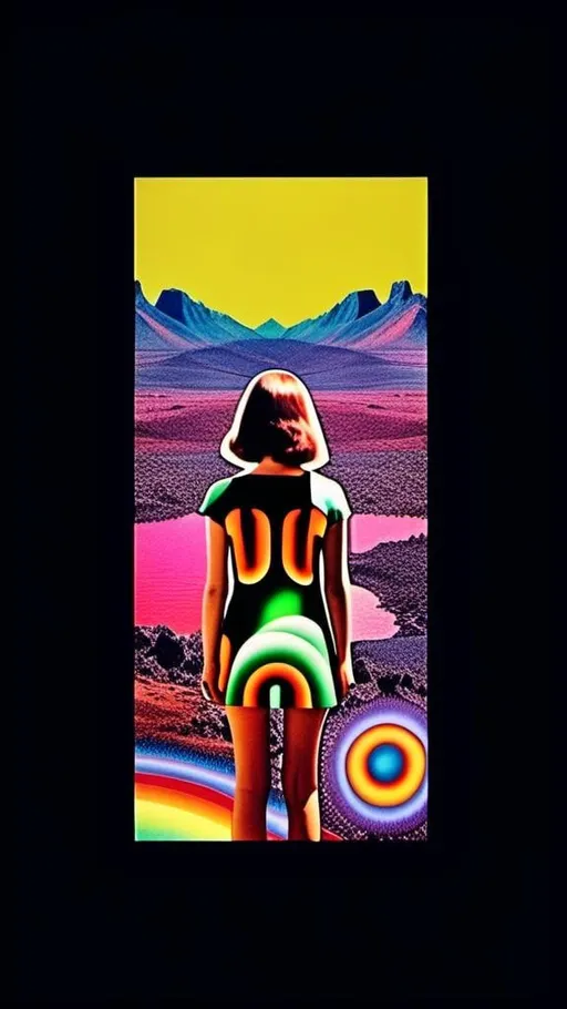 Prompt: a vintage 70s surreal psychedelic collage featuring a photograph of a young woman - it has a vintage 70s surreal science fiction art house feel to it. The photograph is cut out and edited into a collage made up of other photographs and art and feature things such as eyes, psychedelic third eyes, planets and stars, desert alien landscapes and mountains, psychedelic trippy patterns and optical illusions, psychedelic mushrooms, cats, UFOs, etc all mixed up together to create a surreal psychedelic collage effect<mymodel>