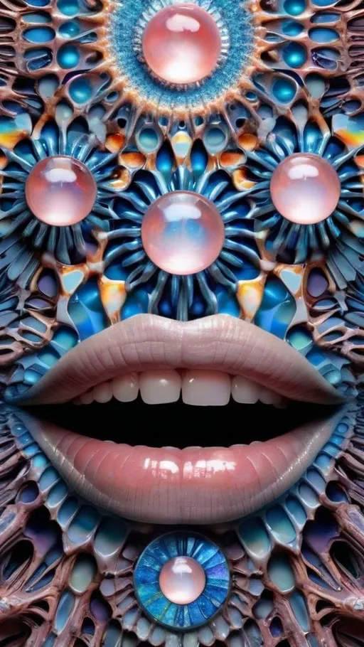 Prompt: Create an extremely hyper-realistic, ultra super textural, weird, trippy, surreal, psychedelic eyes/teeth/mouth pattern/design based on Mandelbrot & “Op Art tiling” with lots of human eyes (crazy colorful compound psychedelic), rows of human teeth, human lips, and tongues. 

- **Colors**: determined by the properties and expressions of the elements (& their isotopes), minerals, and metals: opal, moonstone, Kunzite, selenite, rose quartz, Platinum (Pt)

**Shapes and forms**
- Mandelbrot 
- "Op Art tiling" 
-other shapes determined by the natural properties and expressions of the elements (& their isotopes), minerals, metals, and biological organisms: opal, moonstone, Kunzite, selenite, rose quartz,  Platinum (Pt)


- **Textures**: Derived from any/all elements (& their isotopes), minerals, metals, crystals, organic things mentioned in this prompt: opal, moonstone, Kunzite, selenite, rose quartz, Platinum (Pt)

**Composition and Layout**:
- a pattern/design based on the Op Art tiling & Mandelbrot 

**Lighting**:
- lots of bright light
- Iridescence
- Aventurescence
- Chatoyancy
- Asterism

**Detail and Atmosphere**:
- Extreme hyperrealistic sharp high detail high definition organic and mineral textures
- Psychedelic, weird, odd, surreal atmosphere
- Frozen in time

**Additional Elements**:
- extra rows of teeth, lips, many eyes, Op Art tiling, Mandelbrot, Iridescence
