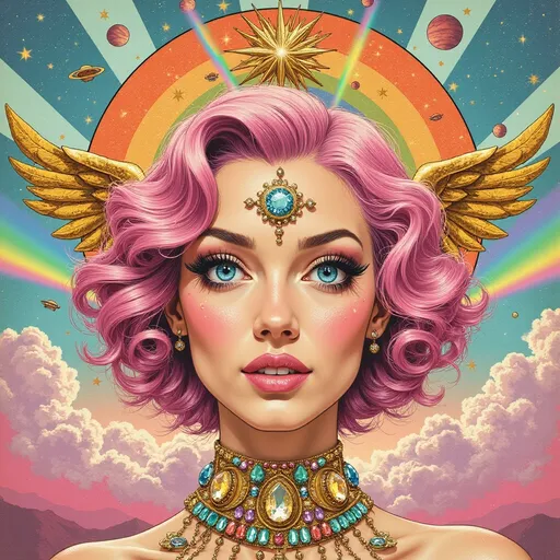 Prompt: A super stylized, hyper-illustrative portrait of Merry as a RetroFuturist Psychedelic Cosmic Priestess—a radiant slim woman with wild, gravity-defying pink curls and sparkling blue eyes, rendered in a soft, grainy analog illustration style reminiscent of 1960s sci-fi paperbacks and retro magazine covers. Her hair blooms like a nebula in vintage roller-set waves, haloed by a golden winged crown with embedded rainbow prisms and crystalline tech etched like sacred circuitry.

Her third eye, a radiant lens jewel set in a golden starburst on her forehead, emits a glowing pulse of soft light. Rainbow beams shoot from her wide, eyeliner-drenched eyes—mid-century retro lashes flaring dramatically. The light refracts through stylized vector stardust and pin-up-style planetary rings.

She wears a retro spacesuit collar redesigned as a jewel-encrusted cosmic choker with giant faux gems and light-reactive metalwork, catching pink and gold flares. Behind her, a radial burst of pinks and aquas expands like a sunburst mandala, textured with worn halftones and vintage print fade. The background sky is a faded pastel blend of sunset tones and dreamlike clouds revealing collaged galaxies and analog stargates, peppered with sparkly atomic stars and UFO silhouettes.

Illustrative style: hand-drawn 60s sci-fi pulp cover with modern detail, posterized shading, and a soft, vintage magazine texture overlay. Medium: digital illustration mimicking silkscreen and risograph grain. Mood: cheeky, sacred, kitschy, iconic. Think Barbarella as a spiritual oracle meets Lisa Frank on a vision quest. Aesthetic keywords: analog futurism, sacred sci-pop, glam mysticism, pastel pop spiritualism, illustrated cosmic camp.